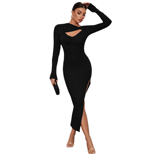 Damen Figurbetontes Kleid mit langen Ärmeln und Cut-Out Detail Heidi-Mode
