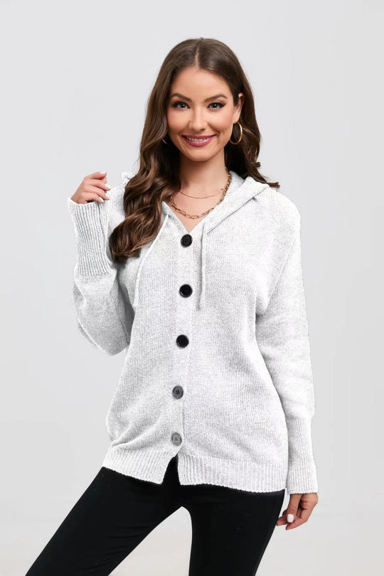 Damen lässige Strickjacke mit Kapuze und Knopfverschluss Heidi-Mode