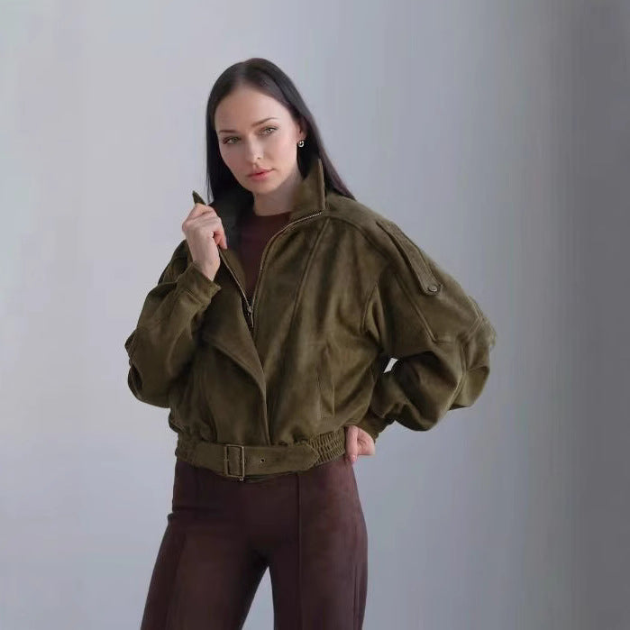 Damen Stilvolle Kurzjacke mit Gürtel und asymmetrischem Schnitt Heidi-Mode