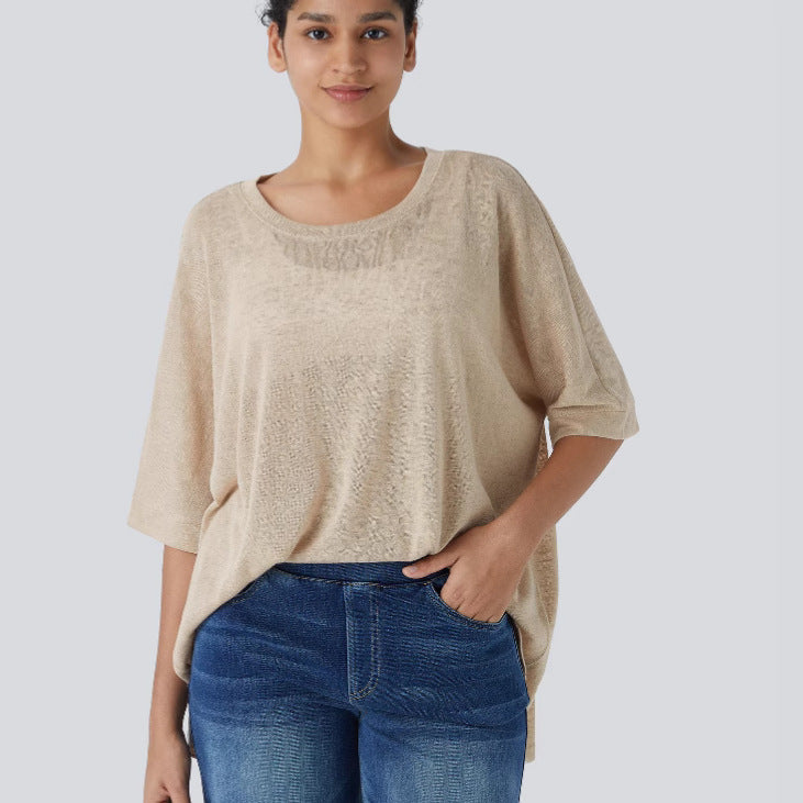 Damen lässiges Oversized T-Shirt mit seitlichen Schlitzen und umgeschlagenen Ärmeln Heidi-Mode