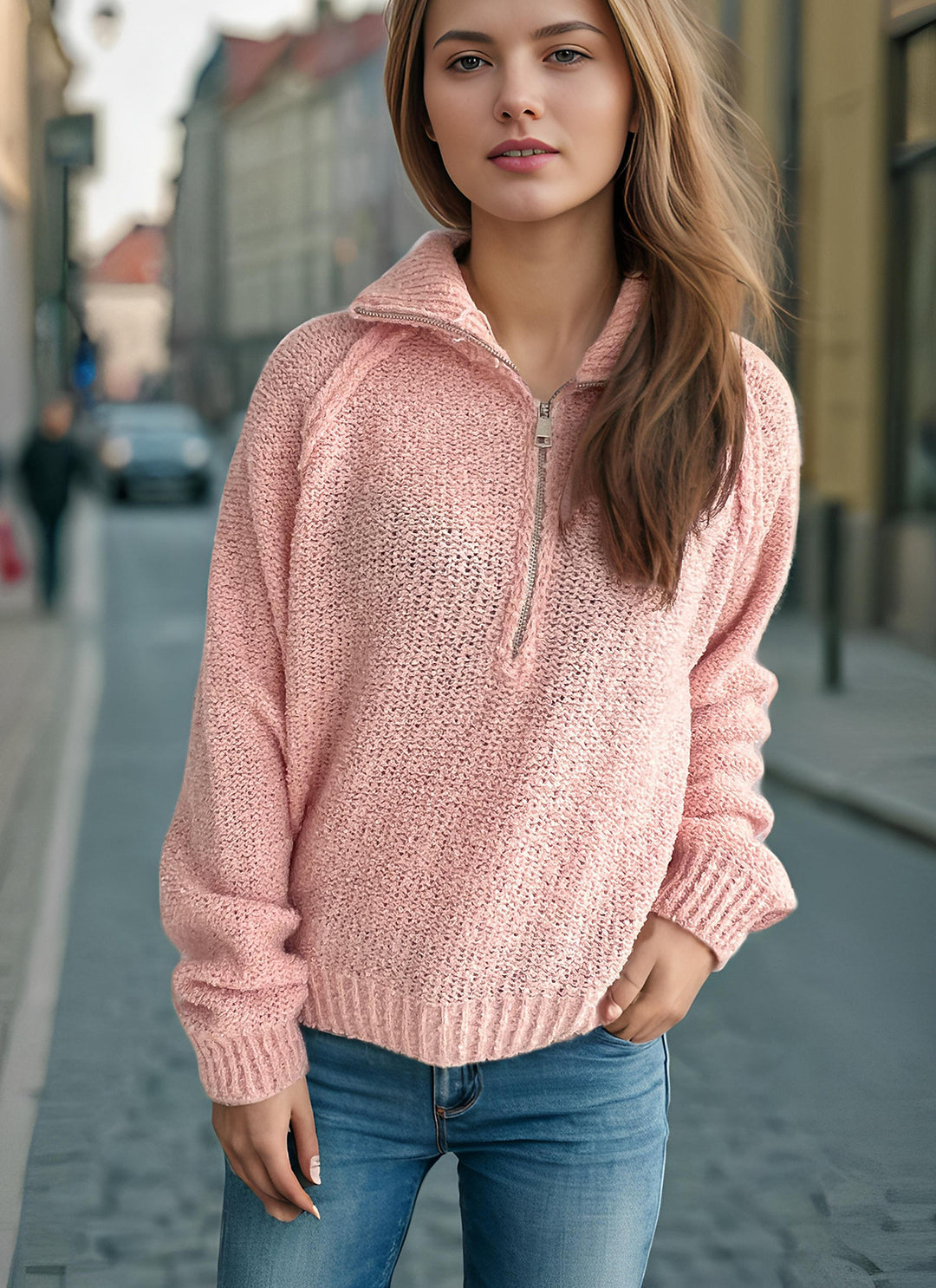 Damen lässiger Zip-Pullover mit oversized Schnitt und hohem Kragen Heidi-Mode