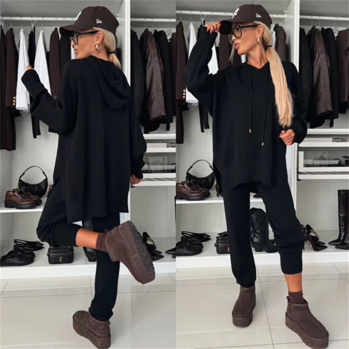 Damen modisches Freizeit-Loungewear-Set aus weichem Material mit Kapuze und weit geschnittenen Hosen Heidi-Mode