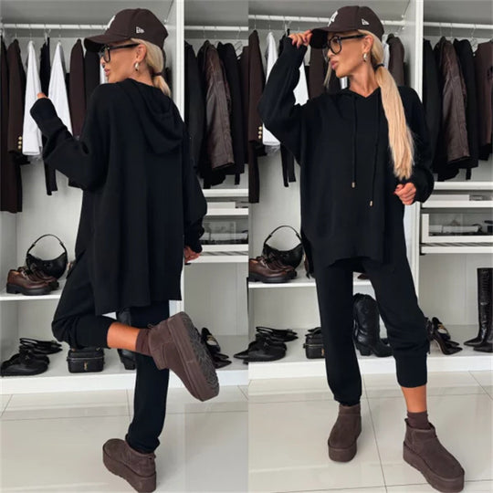 Damen modisches Freizeit-Loungewear-Set aus weichem Material mit Kapuze und weit geschnittenen Hosen Heidi-Mode