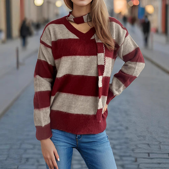 Damen lässiger Strickpullover mit modernem Streifenmuster und dekorativem Schal Heidi-Mode