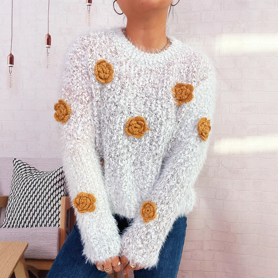 Damen gemütlicher, fluffiger Pullover mit verspielten Blumenapplikationen Heidi-Mode