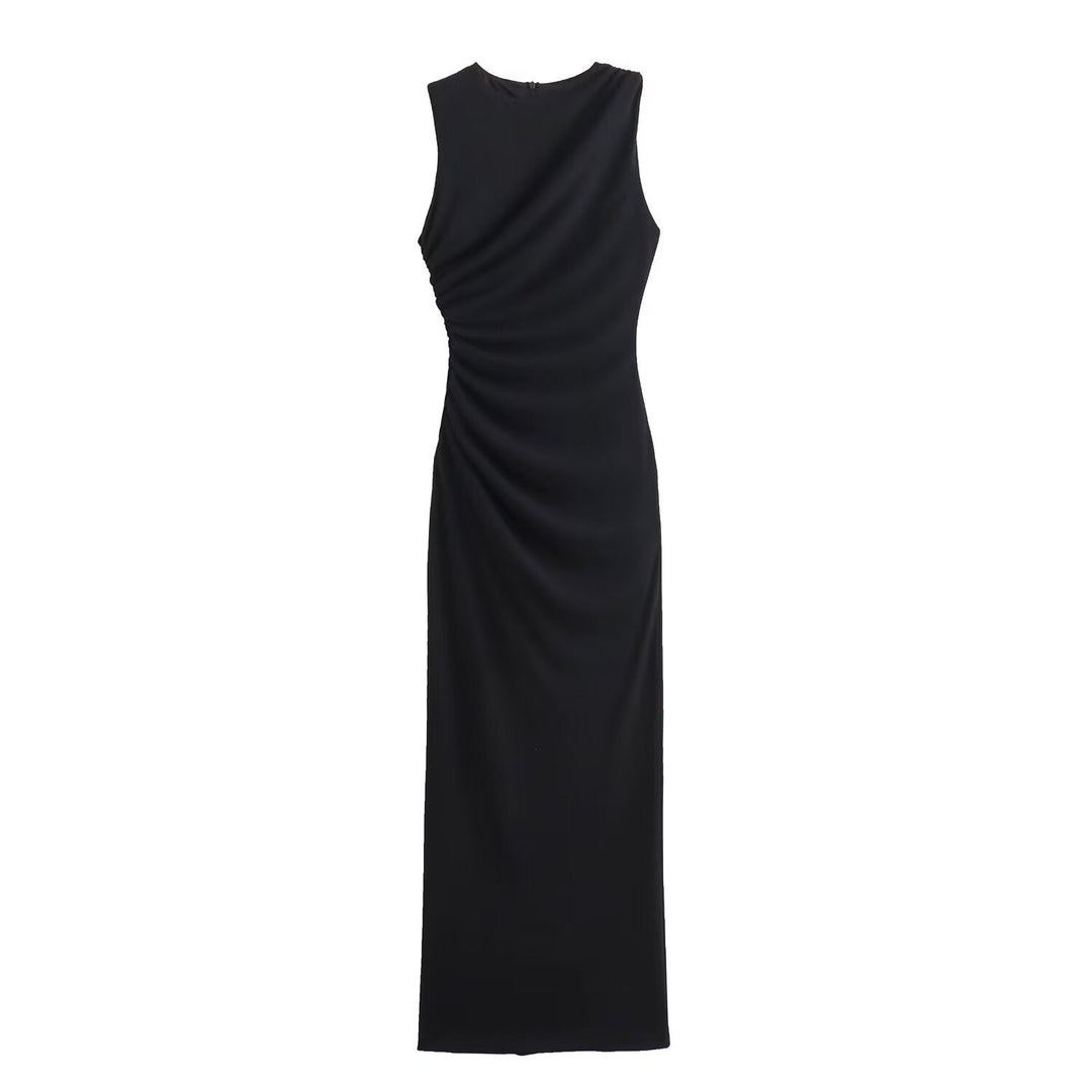 Heidi-Mode | Einfarbiges Rundhalsausschnitt Ärmelloses Faltendes Slim Fit Kleid