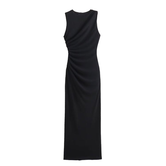 Heidi-Mode | Einfarbiges Rundhalsausschnitt Ärmelloses Faltendes Slim Fit Kleid