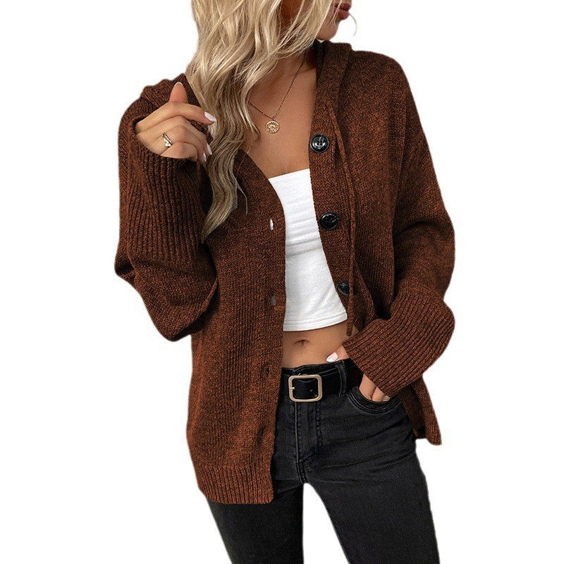 Damen lässige Strickjacke mit Kapuze und Knopfverschluss Heidi-Mode