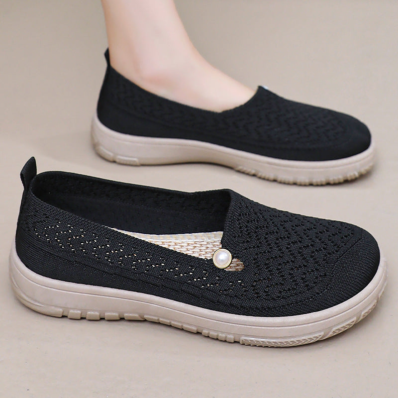 Damen Slip-On Freizeit Schuhe mit eleganter Strickoberfläche und Perlenschmuck Heidi Mode