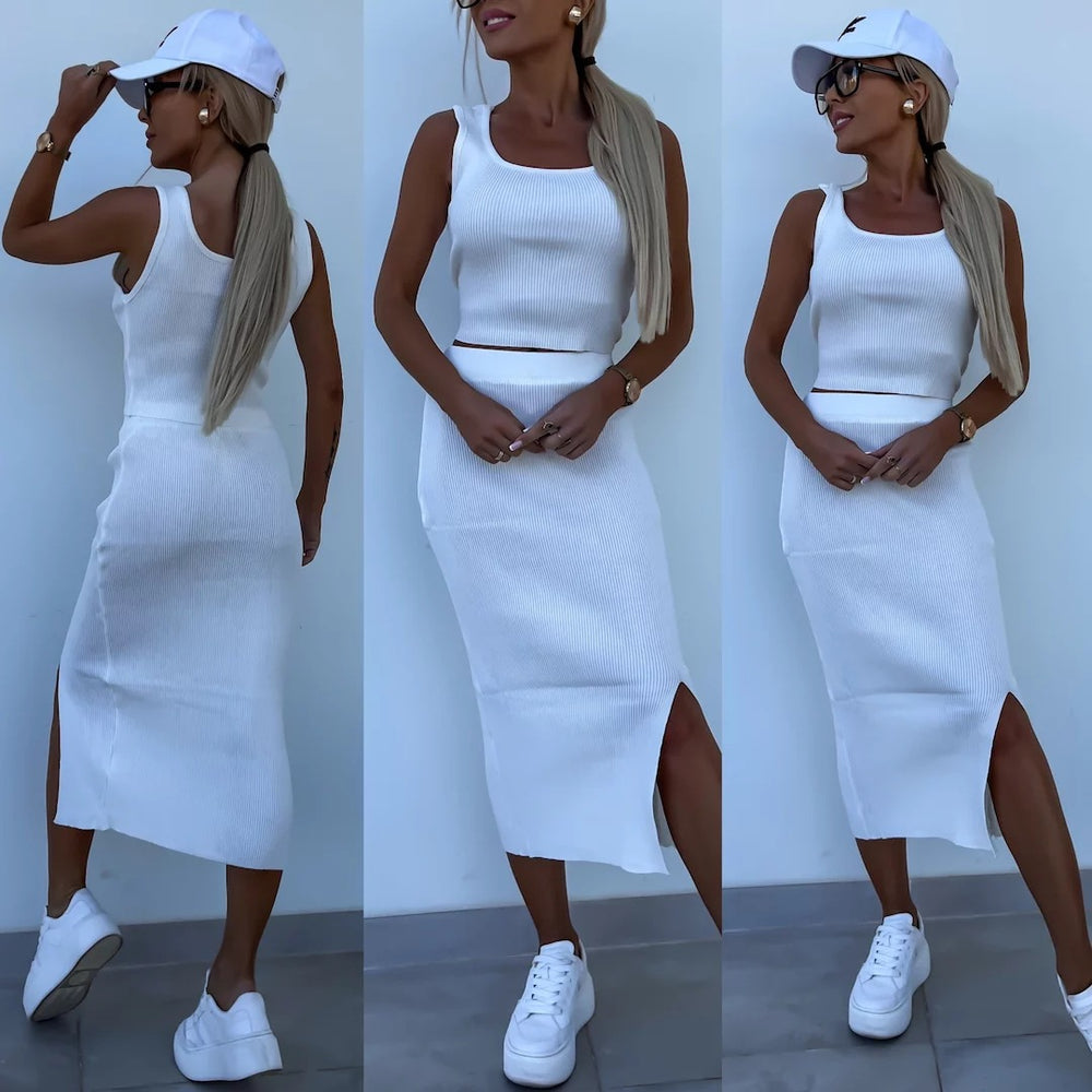Damen modisches Strick-Set mit Crop-Top und Schlitzrock Heidi-Mode
