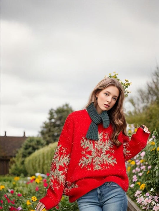 Damen Weihnachts-Pullover mit festlichem Schneeflocken-Motiv und weitem Schnitt Heidi-Mode