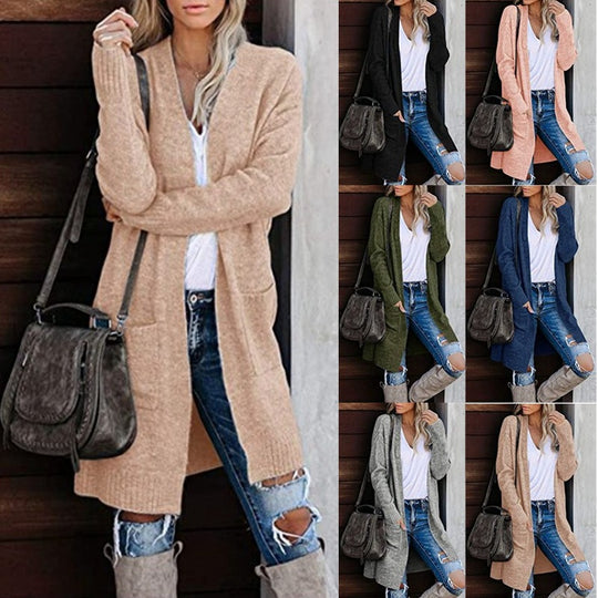 Damen Lange Strickjacke mit offenem Schnitt und lässigem Design Heidi-Mode