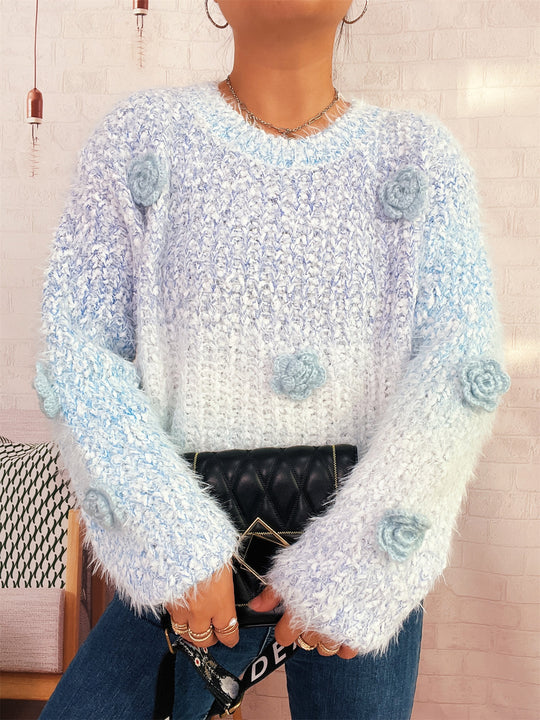 Damen gemütlicher, fluffiger Pullover mit verspielten Blumenapplikationen Heidi-Mode