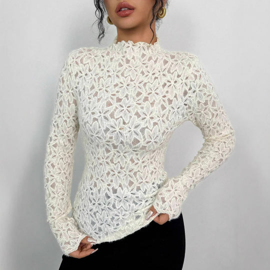 Damen Transparente Spitze Bodysuit mit hohem Kragen Heidi-Mode
