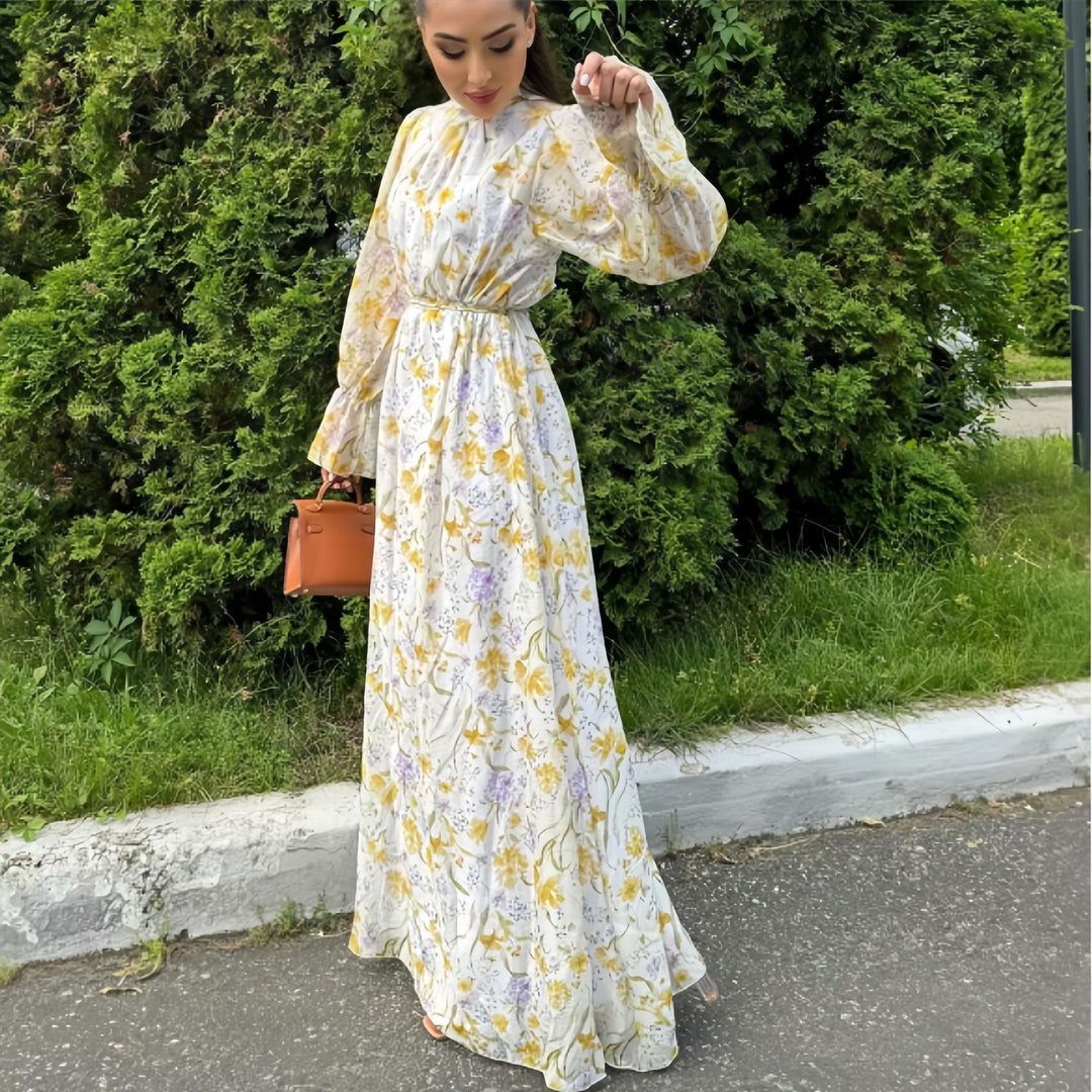 Damen Maxikleid mit elegantem Blumenmuster und Rüschendetails Heidi-Mode