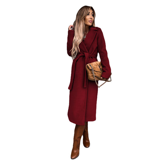 Damen eleganter langes Wollmantel mit Bindegürtel und klassischem Revers Heidi-Mode