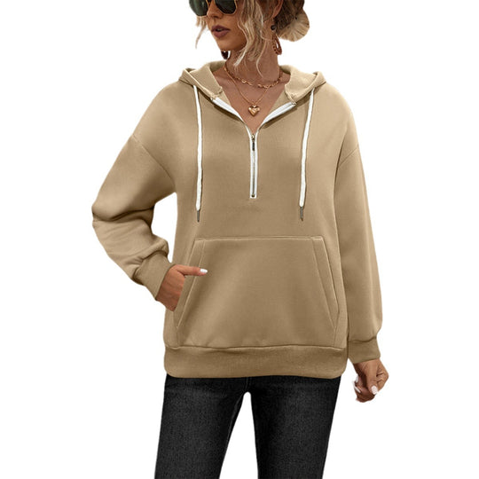 Damen Kapuzenpullover mit halbem Reißverschluss und Kängurutasche Heidi-Mode