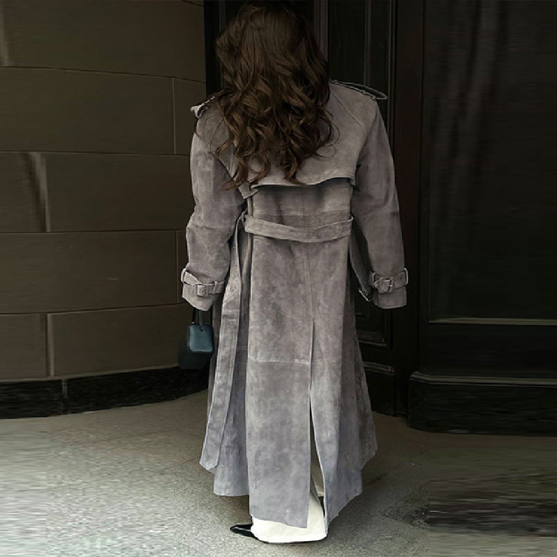 Damen Eleganter Long-Trenchcoat aus weichem Wildleder Heidi-Mode