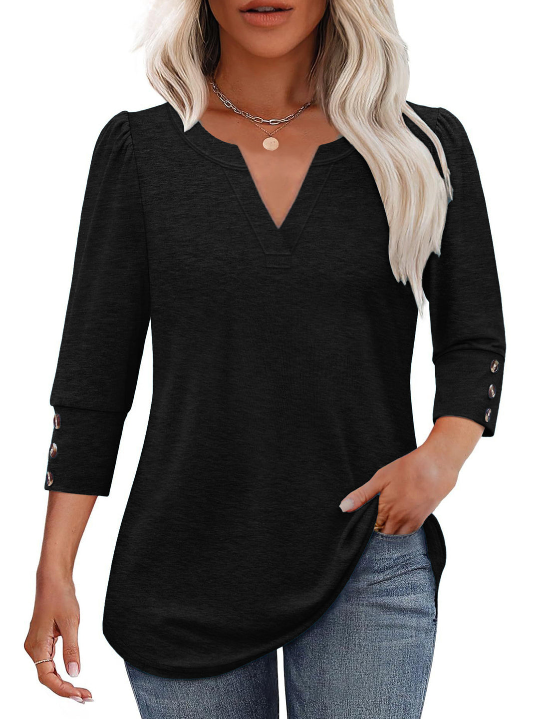 Damen V-Ausschnitt Bluse mit dekorativen Knopfdetails Heidi-Mode