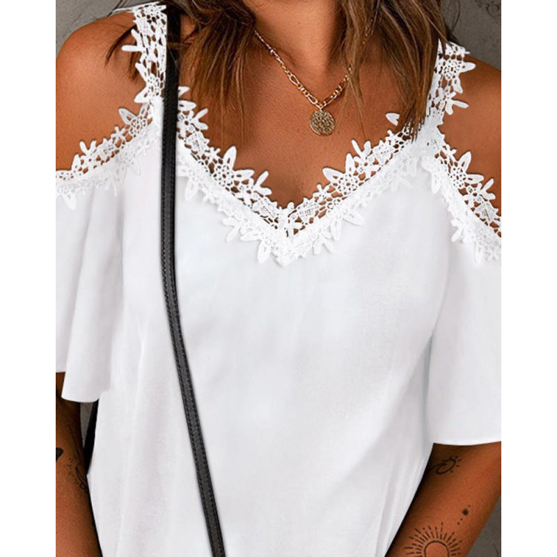 Damen Cold-Shoulder Spitzenbesatz Oberteil Heidi-Mode