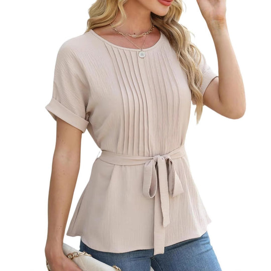 Damen modisches Blusenshirt mit eleganten Plisseedetails und Taillengürtel Heidi-Mode
