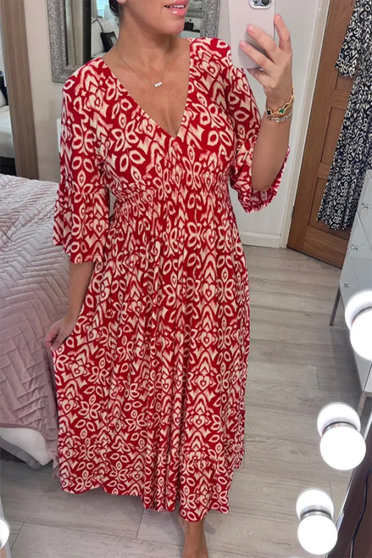 Damen Maxikleid mit schmeichelndem V-Ausschnitt und voluminösen Ärmeln Heidi-Mode