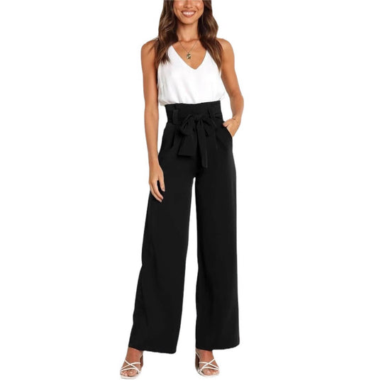 Damen Weit geschnittene High-Waist-Hose mit Binde-Gürtel und Taschen Heidi-Mode