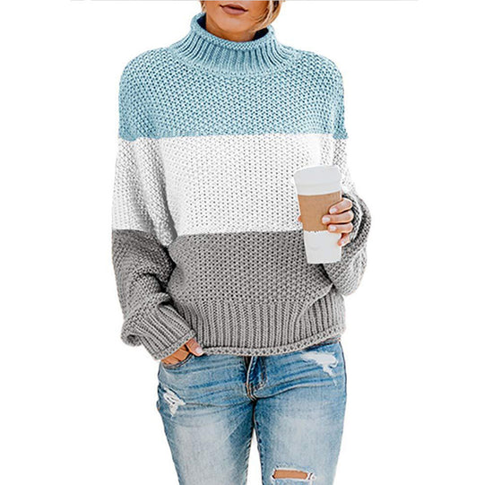 Damen Grobstrickpullover mit hohem Kragen und modischem Farbblockdesign Heidi-Mode