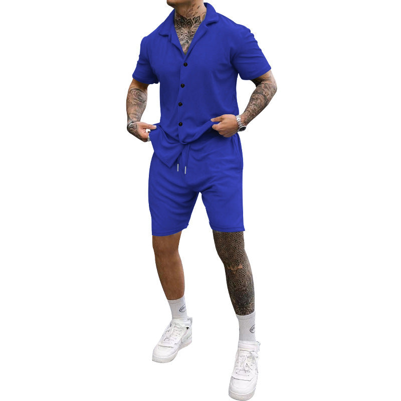 Herren Freizeit-Kurzarm-Set mit Knopfleiste und verstellbarem Kordelzug Heidi-Mode