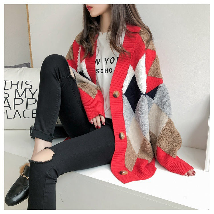 Damen Grobstrick Cardigan mit geometrischem Muster und großen Taschen Heidi-Mode