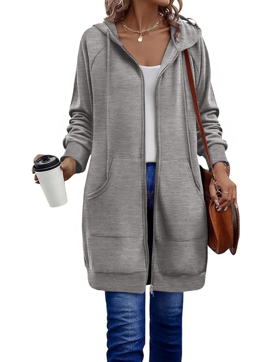 Damen Lange Kapuzenjacke mit Reißverschluss und praktischen Taschen Heidi-Mode