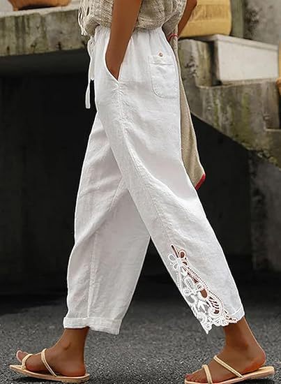 Damen luftige Leinenhose mit dekorativen Stickereien Heidi-Mode
