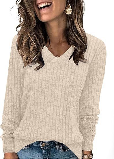 Damen V-Ausschnitt Pullover mit Rippstruktur Heidi-Mode