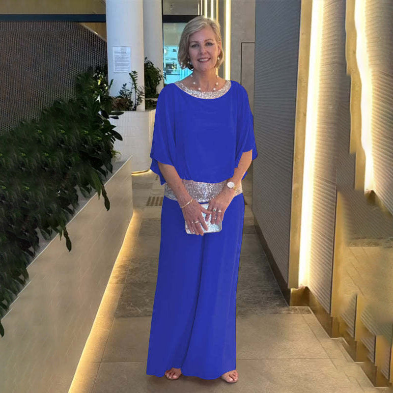 Damen Eleganter Jumpsuit mit schimmerndem Oberteil und weitem Bein Heidi-Mode