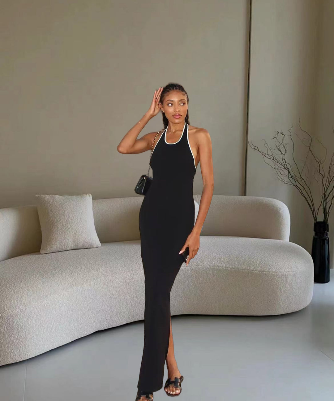 Damen Elegantes Maxikleid mit tiefem V-Ausschnitt und seitlichem Schlitz Heidi-Mode