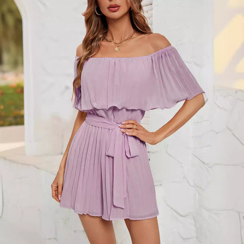 Damen Off-Shoulder Playsuit mit fließenden Falten und tailliertem Gürtel Heidi-Mode