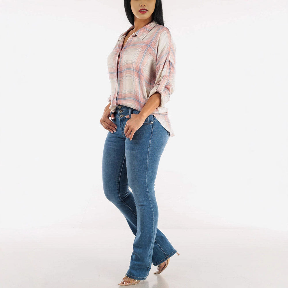 Damen Hochtaillierte Bootcut Jeans mit eleganten Knopfdetails Heidi-Mode