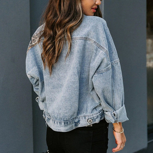 Damen modische Jeansjacke mit Leo-Elementen Heidi-Mode