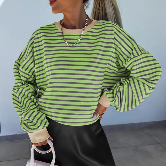 Damen Lässiges gestreiftes Sweatshirt mit voluminösen Ärmeln Heidi-Mode