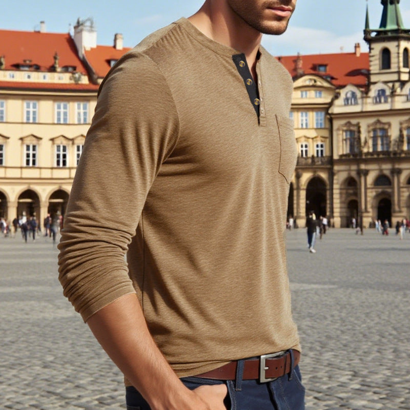 Herren Langarm-Henley-Shirt mit Knopfleiste und eleganten Akzenten Heidi-Mode