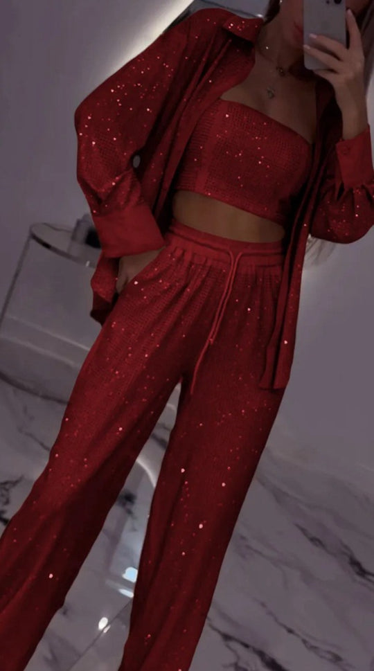 Damen Glitzerndes Lounge-Set mit modischer Jacke und komfortabler Hose Heidi-Mode