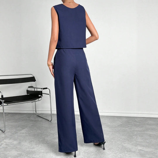 Damen Zweiteiler Set mit modernem Oberteil und weitem Hose Heidi-Mode