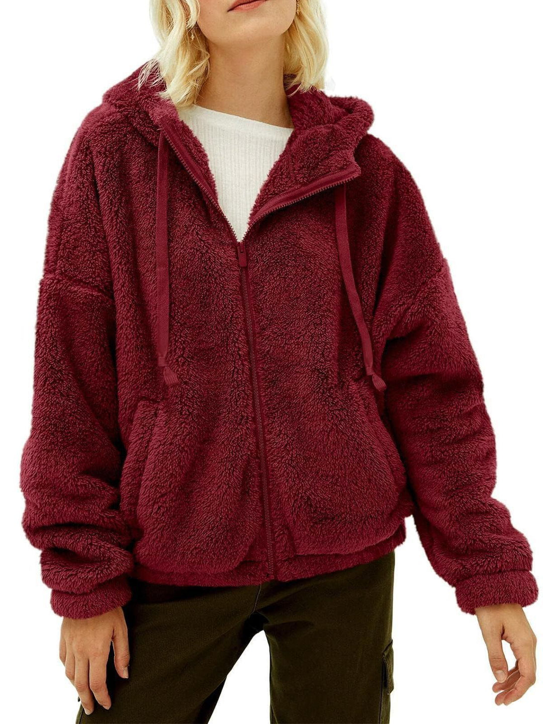 Damen Flauschige Plüschjacke mit Kapuze und Frontreißverschluss Heidi-Mode