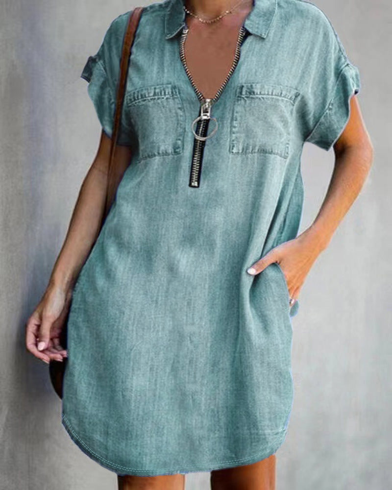 Damen Chambray Kleid mit Reißverschluss und praktischen Taschen Heidi-Mode