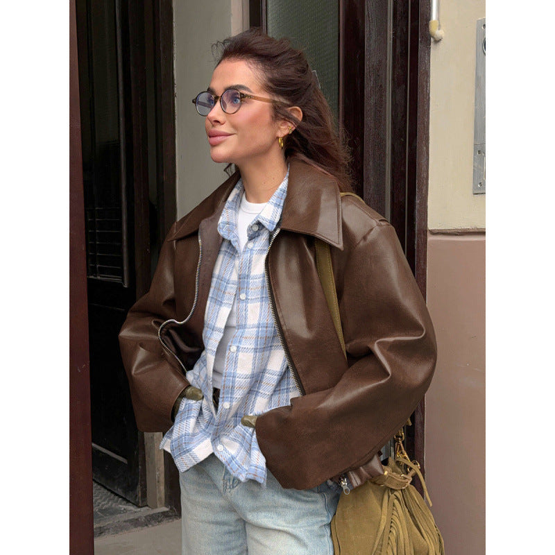 Damen Kunstlederjacke mit Oversized-Schnitt und klassischem Kragen Heidi-Mode