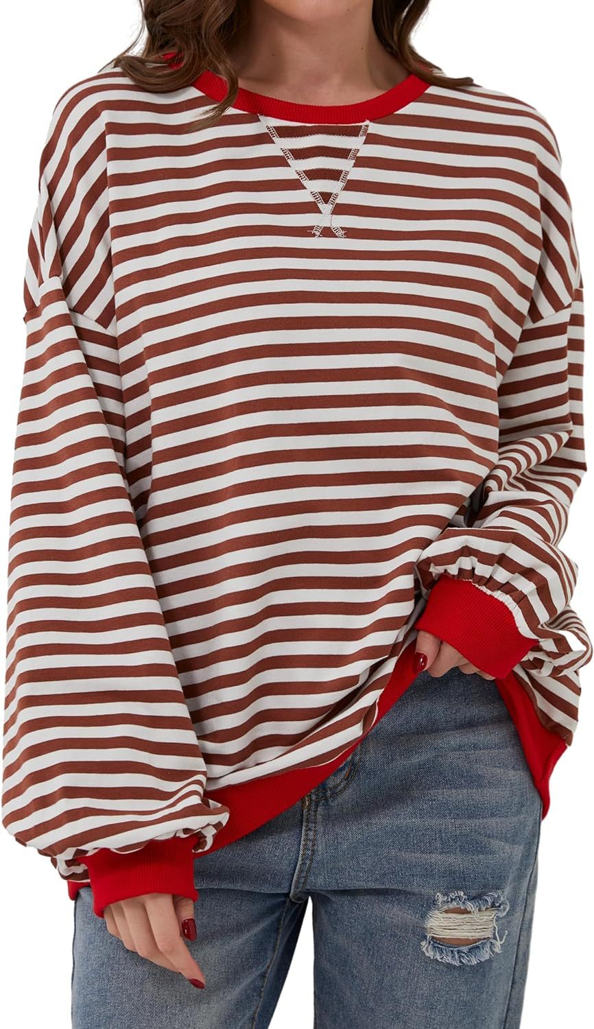 Damen lässiger Oversized Sweatshirt mit bunten Streifen und Kapuzenkordel Heidi-Mode