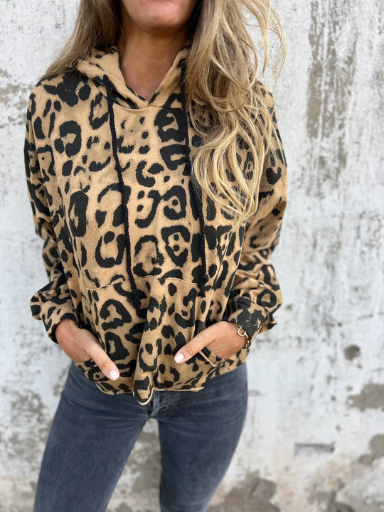 Damen Kapuzenpullover mit lässigem Leopardenmuster und praktischen Seitentaschen Heidi-Mode