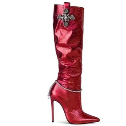 Damen Slouchy Stiletto Oberschenkelhohe Stiefel mit dekorativem Akzent Heidi-Mode