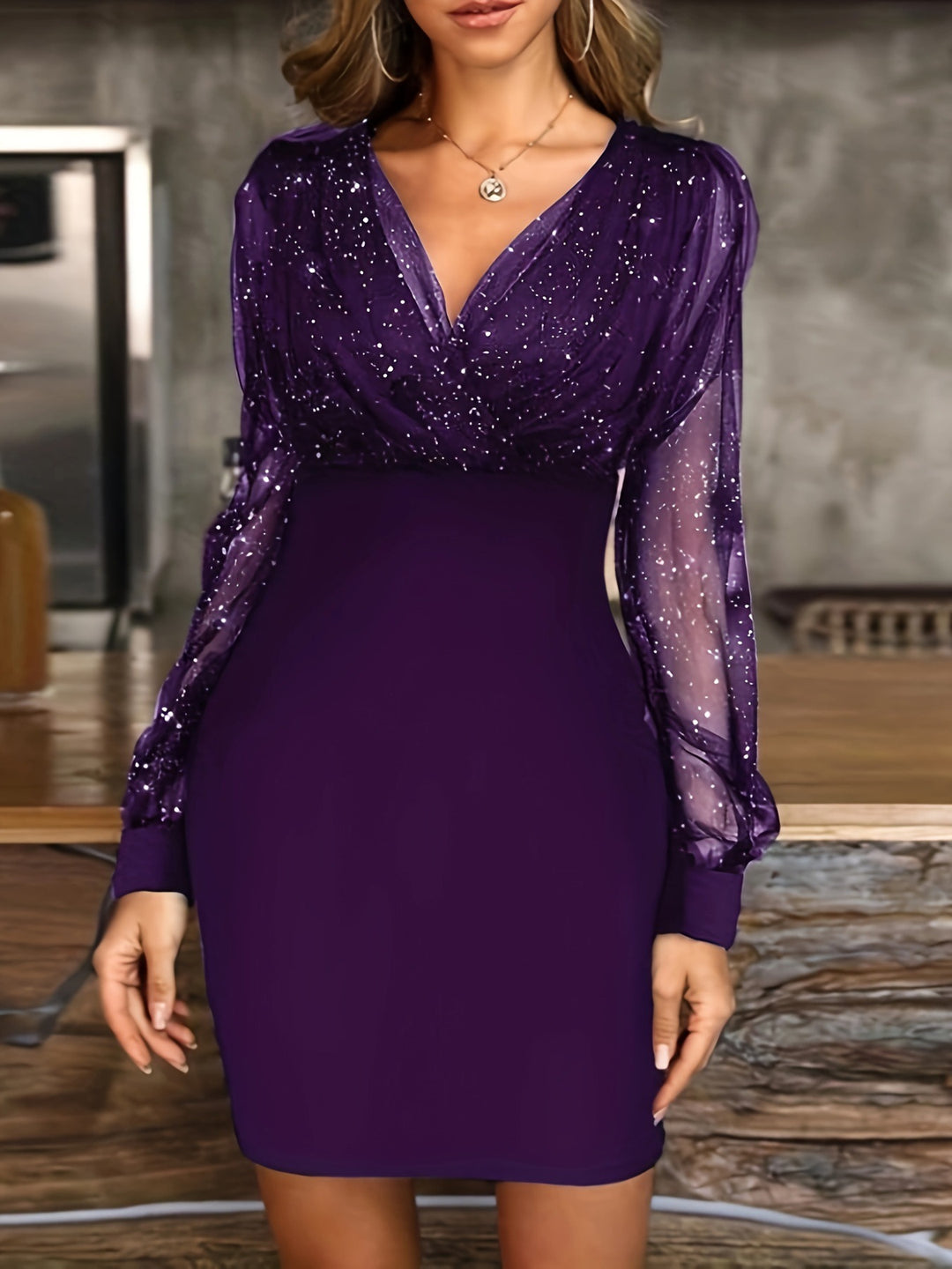 Damen Glitzerndes Cocktailkleid mit transparenten Ärmeln Heidi-Mode