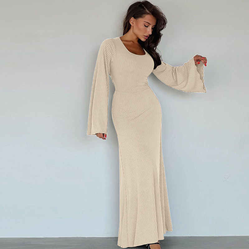 Damen Elegantes Maxikleid mit extra weitem Ärmel und trendiger Rippstruktur Heidi-Mode
